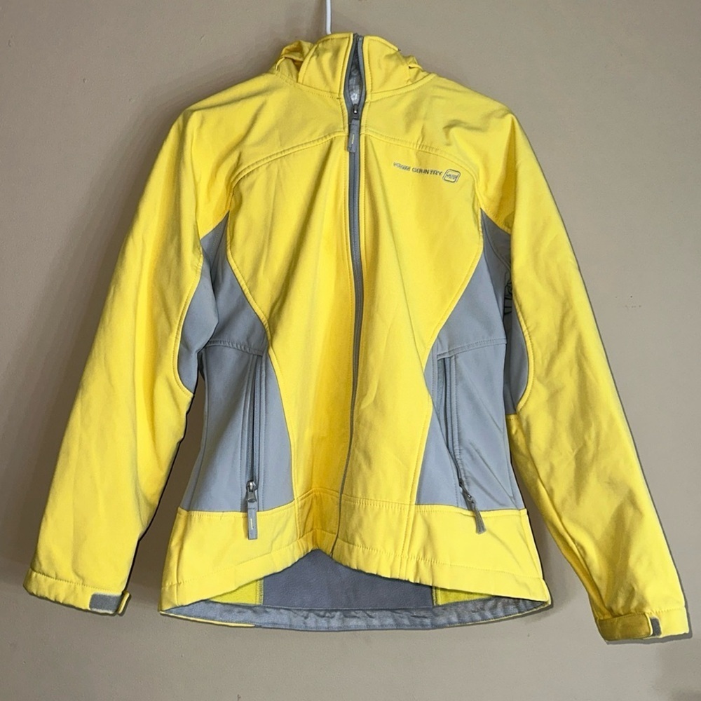 Free Country Large Soft Shell Hooded Jacket Pale Yellow Gray Outdoor